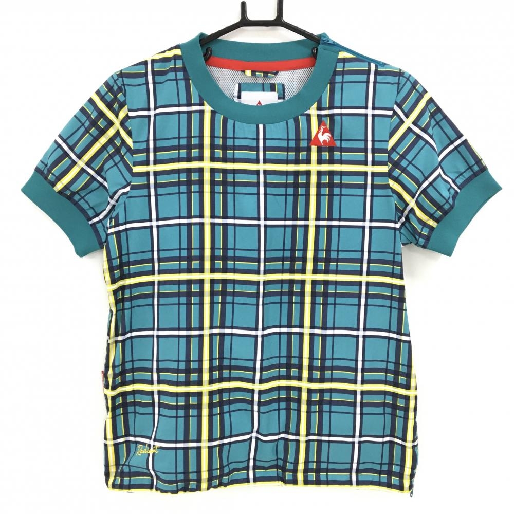 【超美品】ルコックゴルフ 半袖スニード ブルーグリーン系×ネイビー×イエロー  レディース M ゴルフウェア le coq sportif