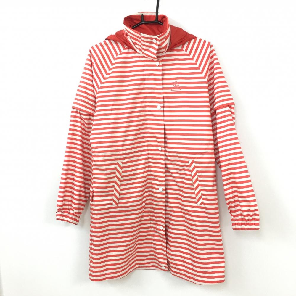 ルコック 2WAYレインワンピース レッド×白 ボーダー 袖着脱可 フード収納可  レディース L ゴルフウェア le coq sportif
