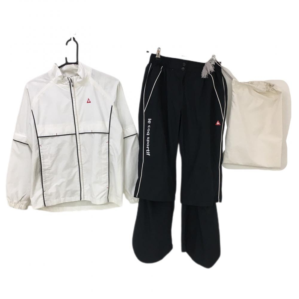 ルコック レインウェア上下セット（2WAYブルゾン×パンツ）白×黒 袖着脱可 収納袋付き レディース S ゴルフウェア le coq sportif