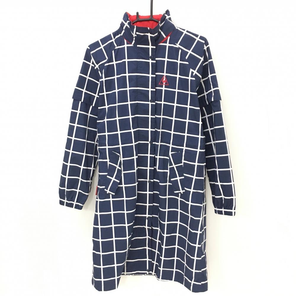 ルコックゴルフ 2WAYレインワンピース ネイビー×白 格子柄 メッシュ裏地 袖着脱可 収納袋付 レディース L ゴルフウェア le coq sportif