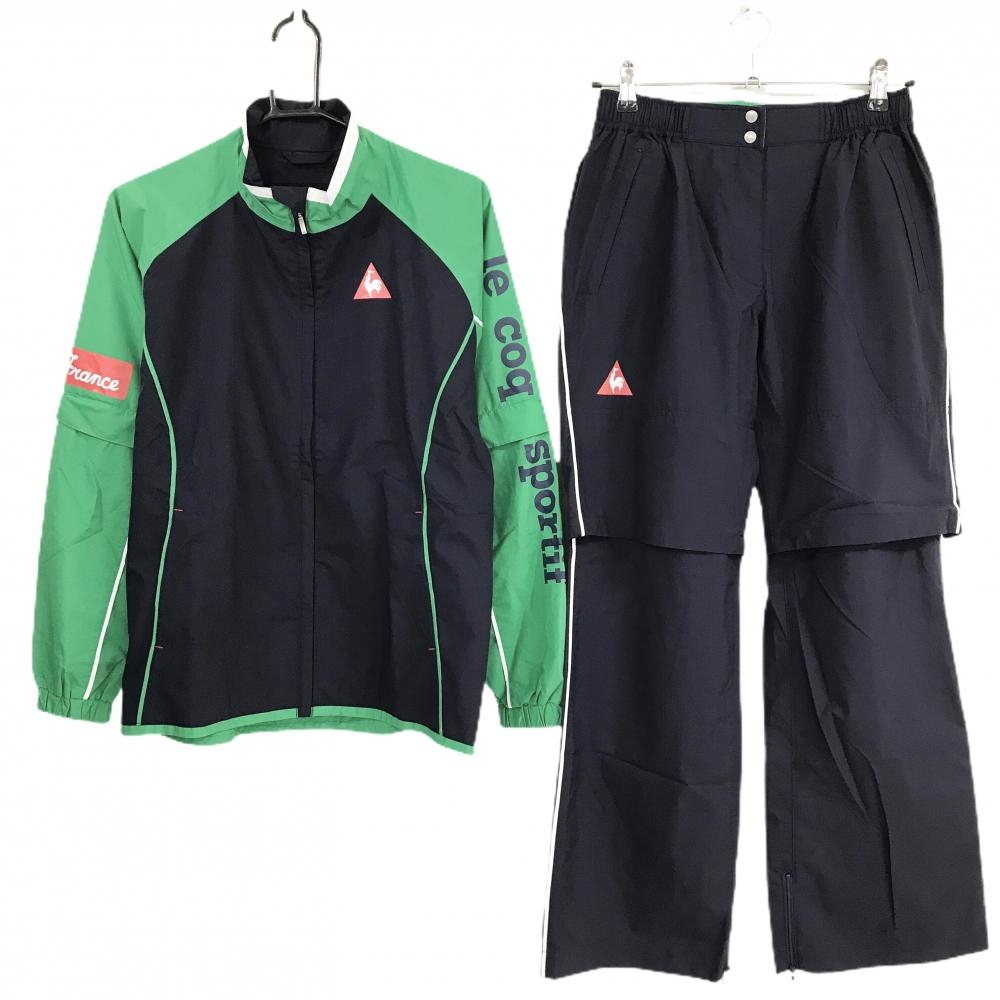 【美品】ルコックゴルフ レインウェア(2WAYジャケット×パンツ) ネイビー×グリーン 裏メッシュ レディース M ゴルフウェア le coq sportif