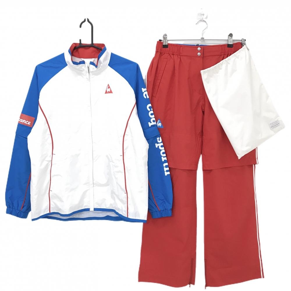【超美品】ルコックゴルフ レインウェア(2WAYジャケット×パンツ)  白×ブルー×レッド  レディース L ゴルフウェア le coq sportif