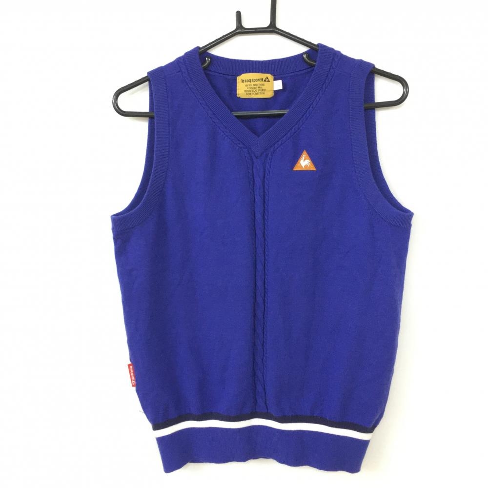 【超美品】le coq sportif ルコック ニットベスト ブルーパープル×オレンジ 一部ケーブル編み Ｖネック レディース LL ゴルフウェア