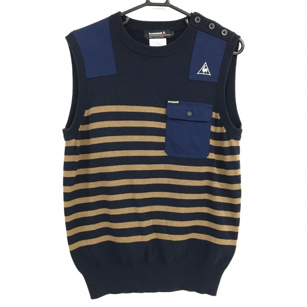 【美品】ルコックゴルフ ニットベスト ネイビー×ブラウン ボーダー 胸ポケット レディース M ゴルフウェア le coq sportif
