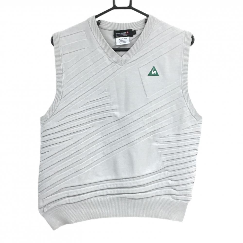 【美品】ルコックゴルフ ニットベスト ライトグレー ロゴグリーン 凹凸生地 コットン100％ レディース L ゴルフウェア le coq sportif