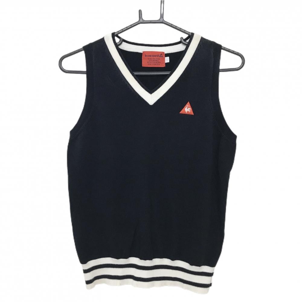 ルコックゴルフ ニットベスト 黒×白 裾ライン Vネック 胸ロゴ  レディース L ゴルフウェア le coq sportif