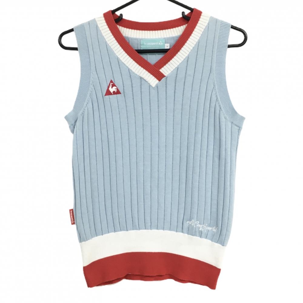 【美品】ルコックゴルフ ニットベスト ライトブルー×レッド ロゴ刺しゅう レディース M ゴルフウェア le coq sportif