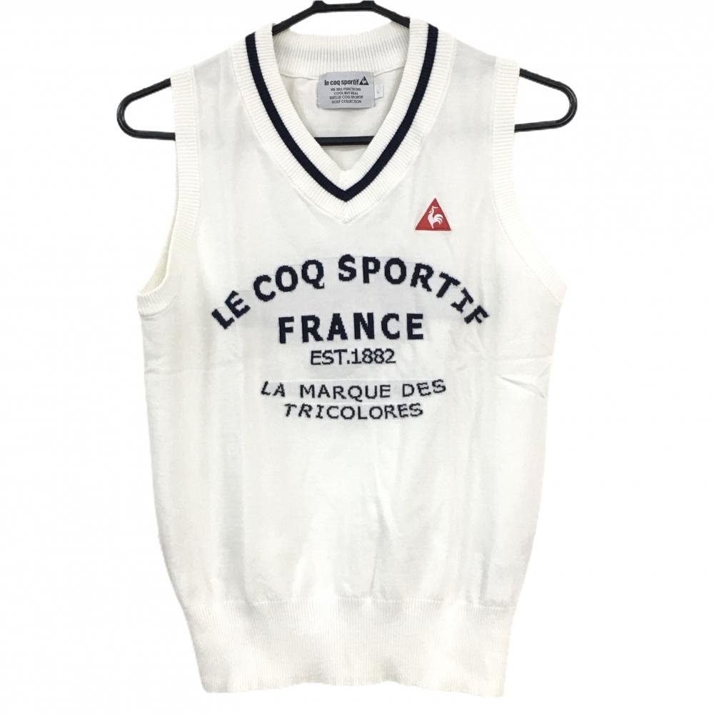 【美品】ルコックゴルフ ニットベスト 白×ネイビー ロゴ刺しゅう Vネック レディース L ゴルフウェア le coq sportif