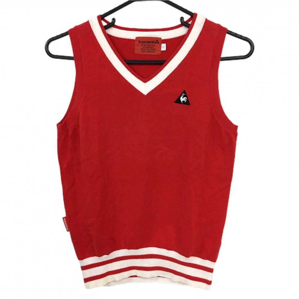 ルコックゴルフ ニットベスト レッド×白 Vネック ロゴ刺しゅう レディース M ゴルフウェア le coq sportif