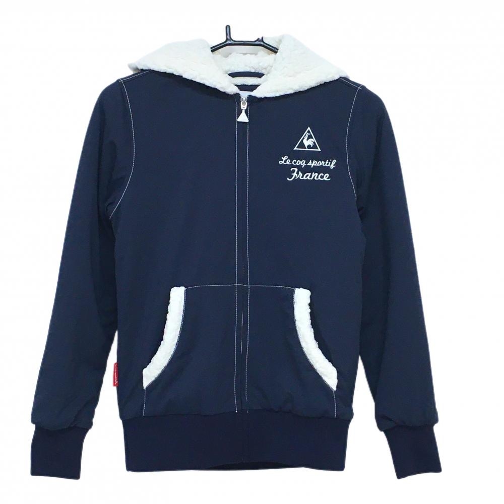 ルコック フード付きブルゾン ネイビー×白 ステッチ バックビッグロゴ 裏ボア  レディース S ゴルフウェア le coq sportif