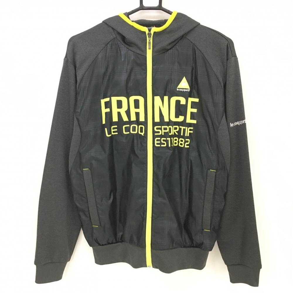 【超美品】ルコック ジップパーカー グレー×イエロー 歌微起毛 ビックロゴ 異素材切替 レディース M ゴルフウェア le coq sportif