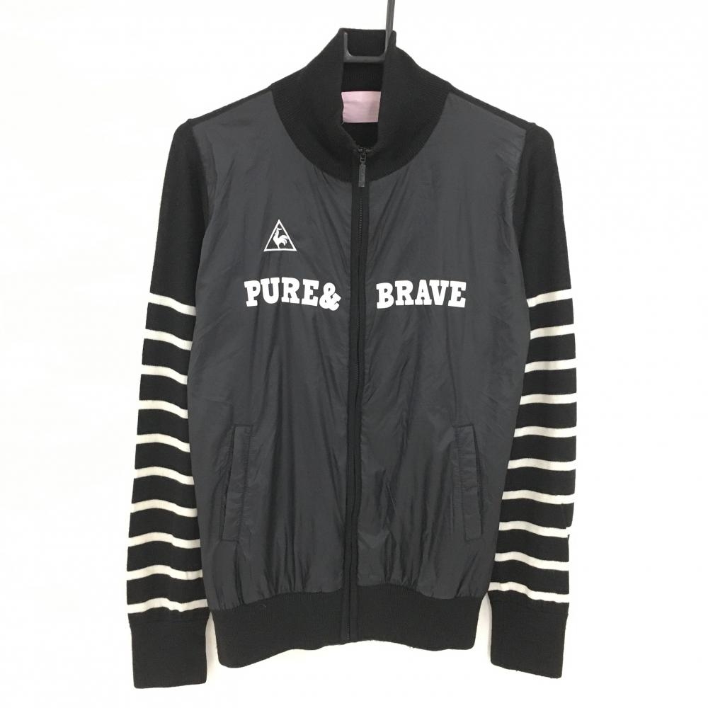 【美品】ルコックゴルフ 切替ニットジャケット 黒×白 袖ボーダー柄 胸元ロゴ ウール混 レディース M ゴルフウェア le coq sportif