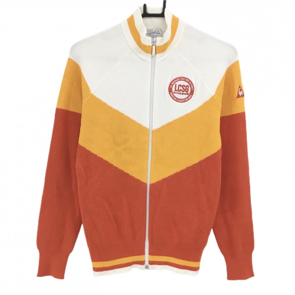【美品】ルコックゴルフ ニットジャケット オレンジ×白 ハイネック ロゴワッペン レディース L ゴルフウェア le coq sportif