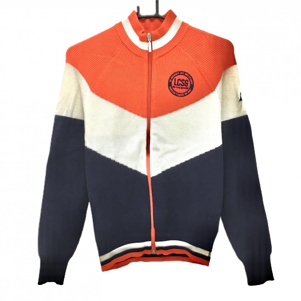【超美品】ルコックゴルフ ニットジャケット オレンジ×ネイビー×白 リブ編み ブルゾン レディース M ゴルフウェア le coq sportif