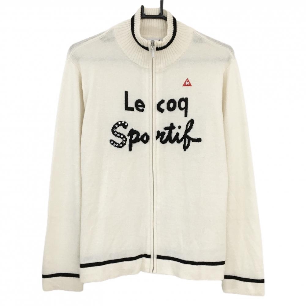 【美品】ルコックゴルフ ニットジャケット アイボリー×黒 ウール混  レディース L ゴルフウェア le coq sportif