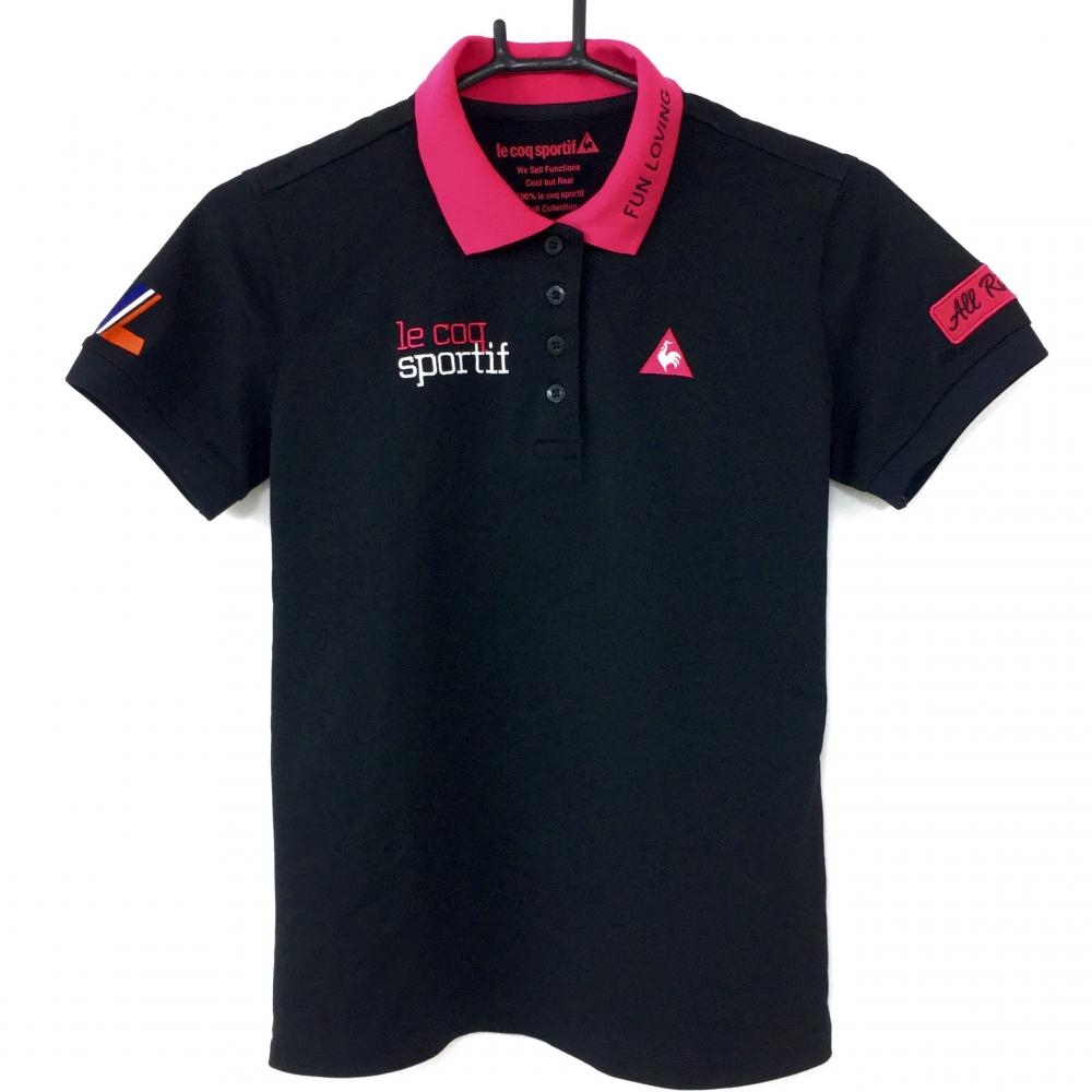 【美品】le coq sportif ルコック 半袖ポロシャツ 黒×ピンク バックロゴプリント レディース L ゴルフウェア
