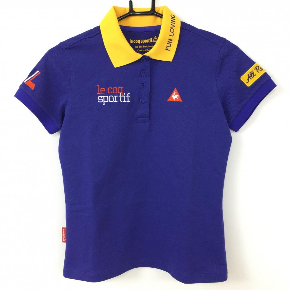 【美品】le coq sportif ルコック 半袖ポロシャツ ブルーパープル×イエロー 刺しゅう レディース M ゴルフウェア