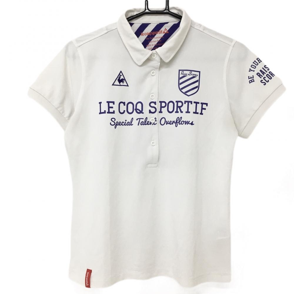 ルコック 半袖ポロシャツ 白×ブルーパープル 背面上部メッシュ バックプリント レディース L ゴルフウェア le coq sportif 画像