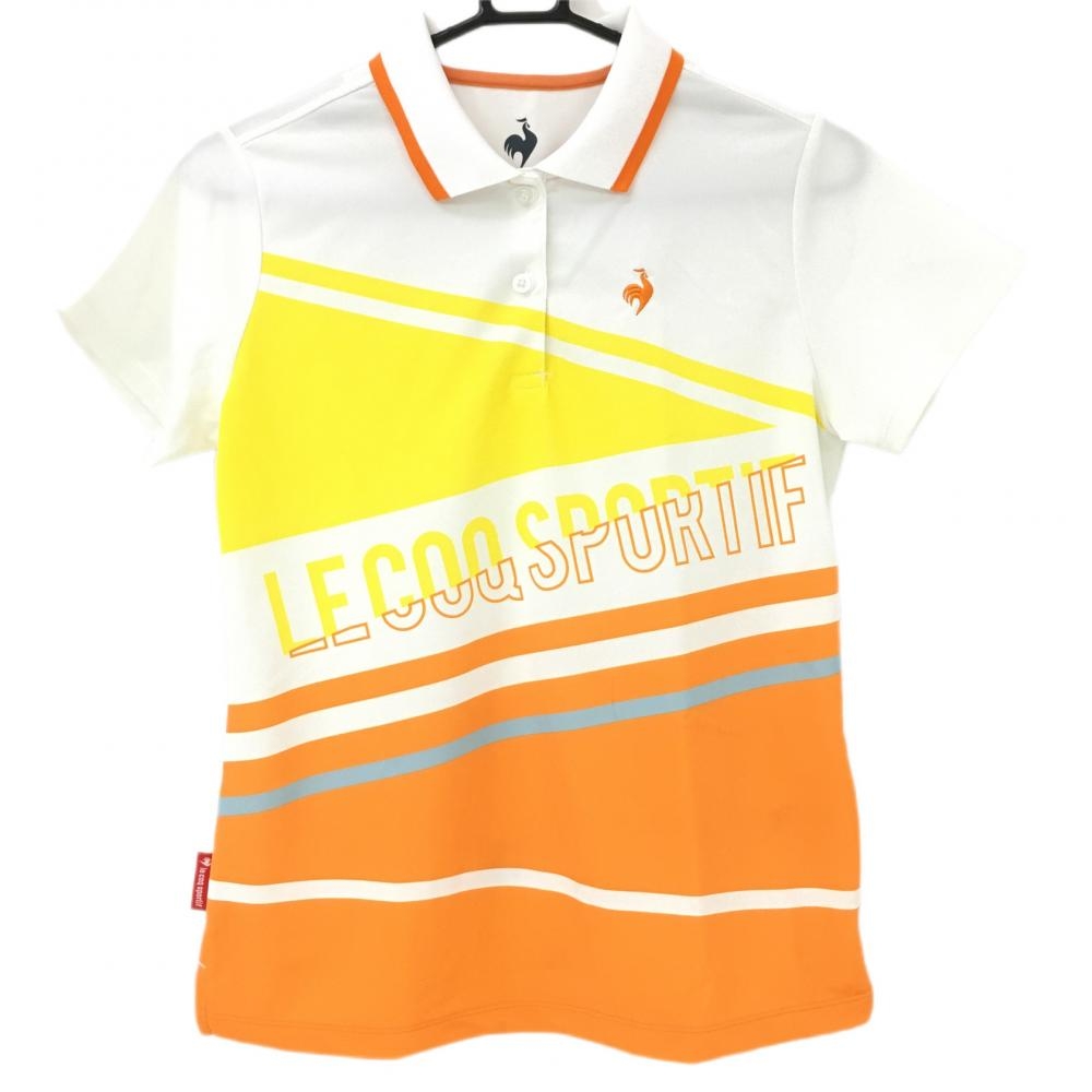 【美品】ルコック 半袖ポロシャツ 白×オレンジ ランダムボーダー レディース L ゴルフウェア le coq sportif