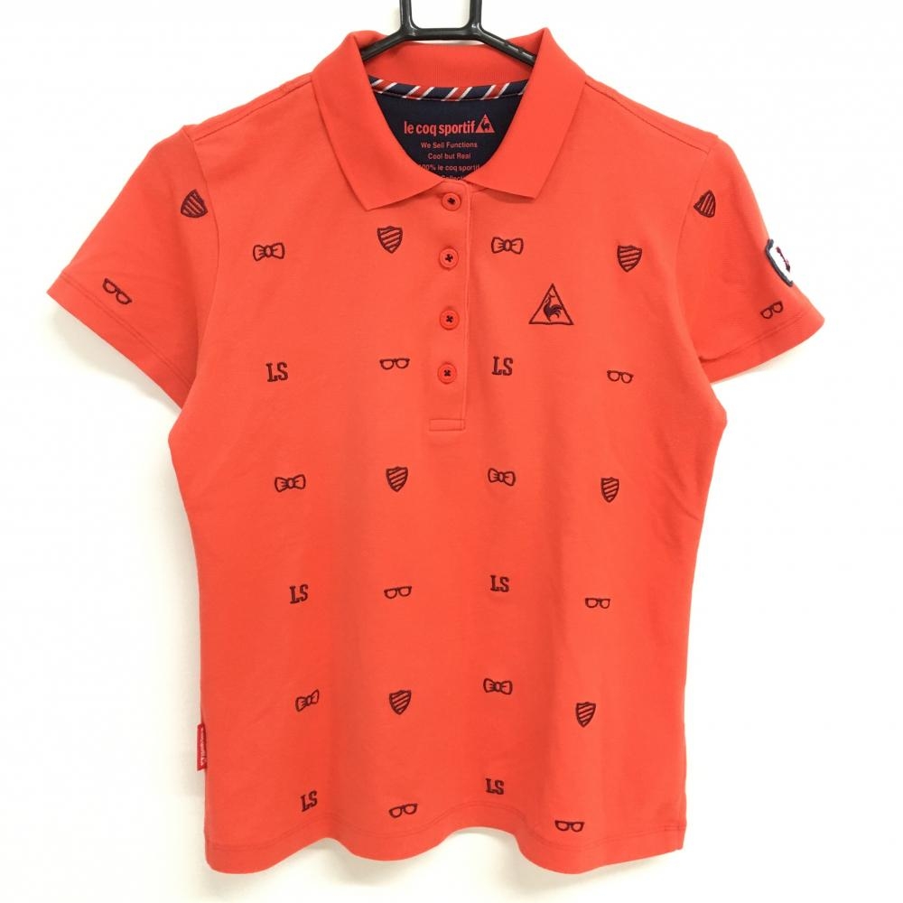 ルコック 半袖ポロシャツ オレンジ×ブラウン ロゴ刺しゅう 袖ワッペン