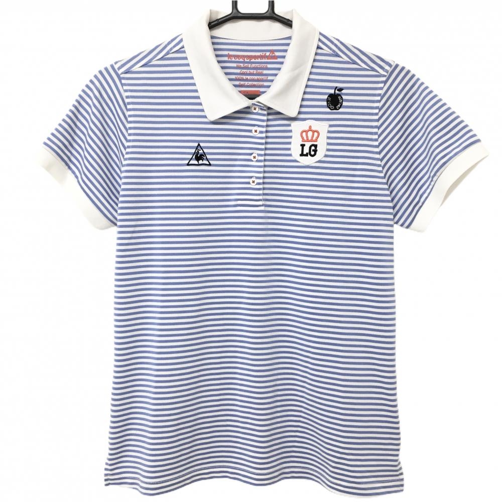 ルコック 半袖ポロシャツ ライトブルー×白 ボーダー リンゴ刺しゅう  レディース LL ゴルフウェア le coq sportif