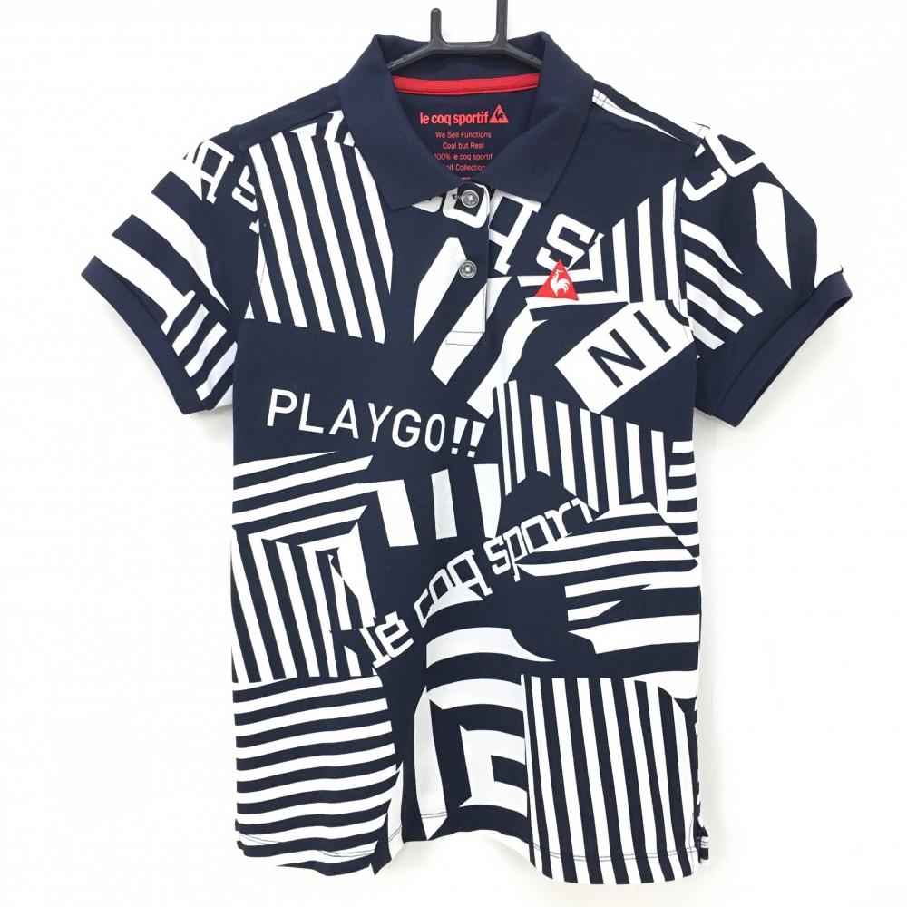 【美品】ルコック 半袖ポロシャツ ネイビー×白 一部ストライプ 一部ボーダー  レディース L ゴルフウェア le coq sportif
