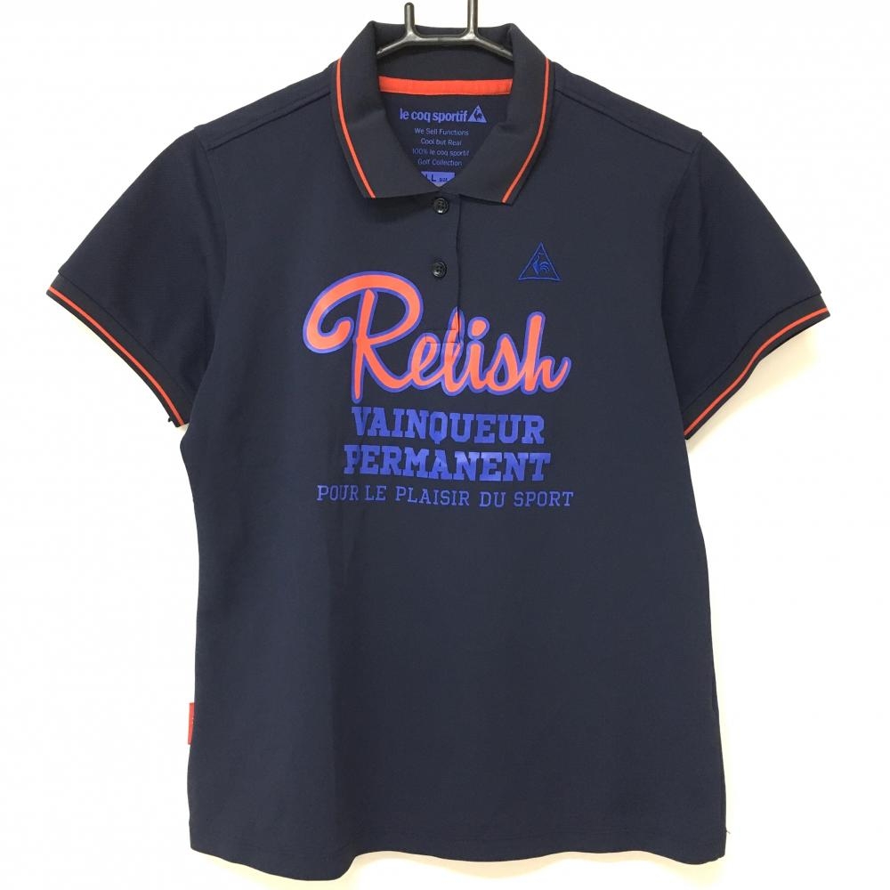 【美品】ルコック 半袖ポロシャツ ネイビー×レッド フロントプリント リブライン レディース LL ゴルフウェア le coq sportif