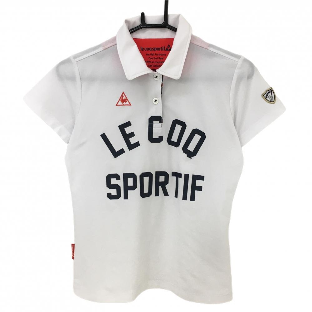 【超美品】ルコック 半袖ポロシャツ 白×黒 フロントロゴプリント ミニワッペン レディース M ゴルフウェア le coq sportif