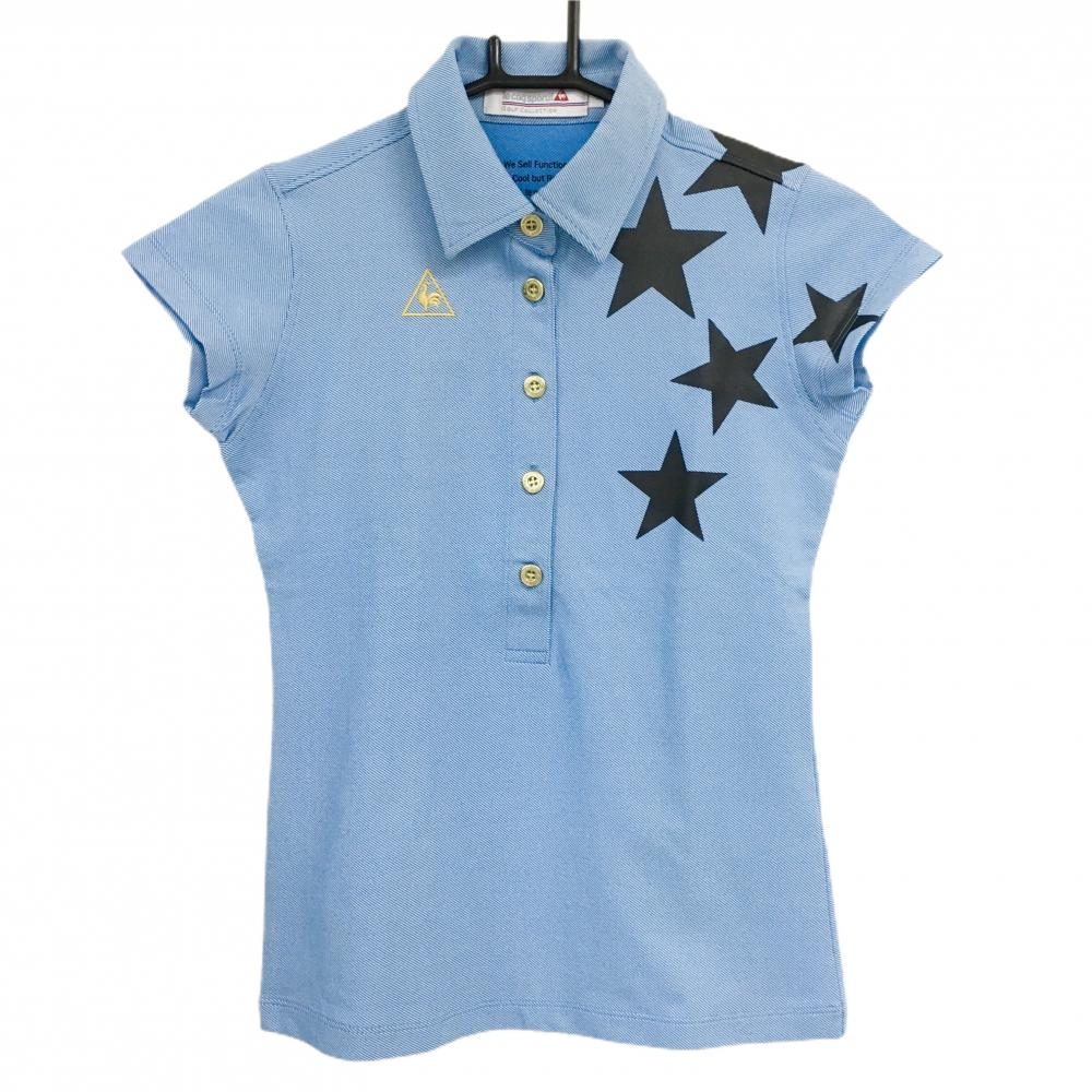 【超美品】ルコック 半袖ポロシャツ ライトブルー×黒 斜めストライプ織生地 星プリント  レディース S ゴルフウェア le coq sportif