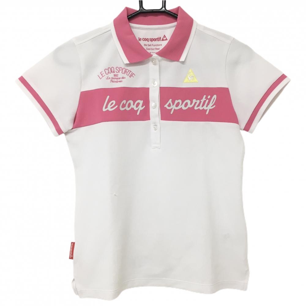 【美品】ルコック 半袖ポロシャツ 白×ピンク 胸ロゴプリント レディース M ゴルフウェア le coq sportif