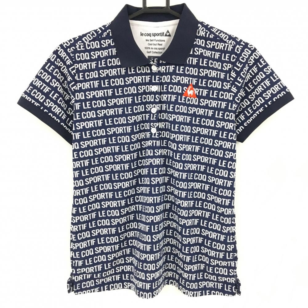 【超美品】ルコック 半袖ポロシャツ ネイビー×白 ロゴ総柄 胸元刺しゅう レディース L ゴルフウェア le coq sportif