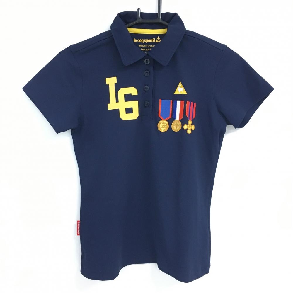 ルコック 半袖ポロシャツ ネイビー×イエロー ロゴ刺しゅう レディース M ゴルフウェア le coq sportif