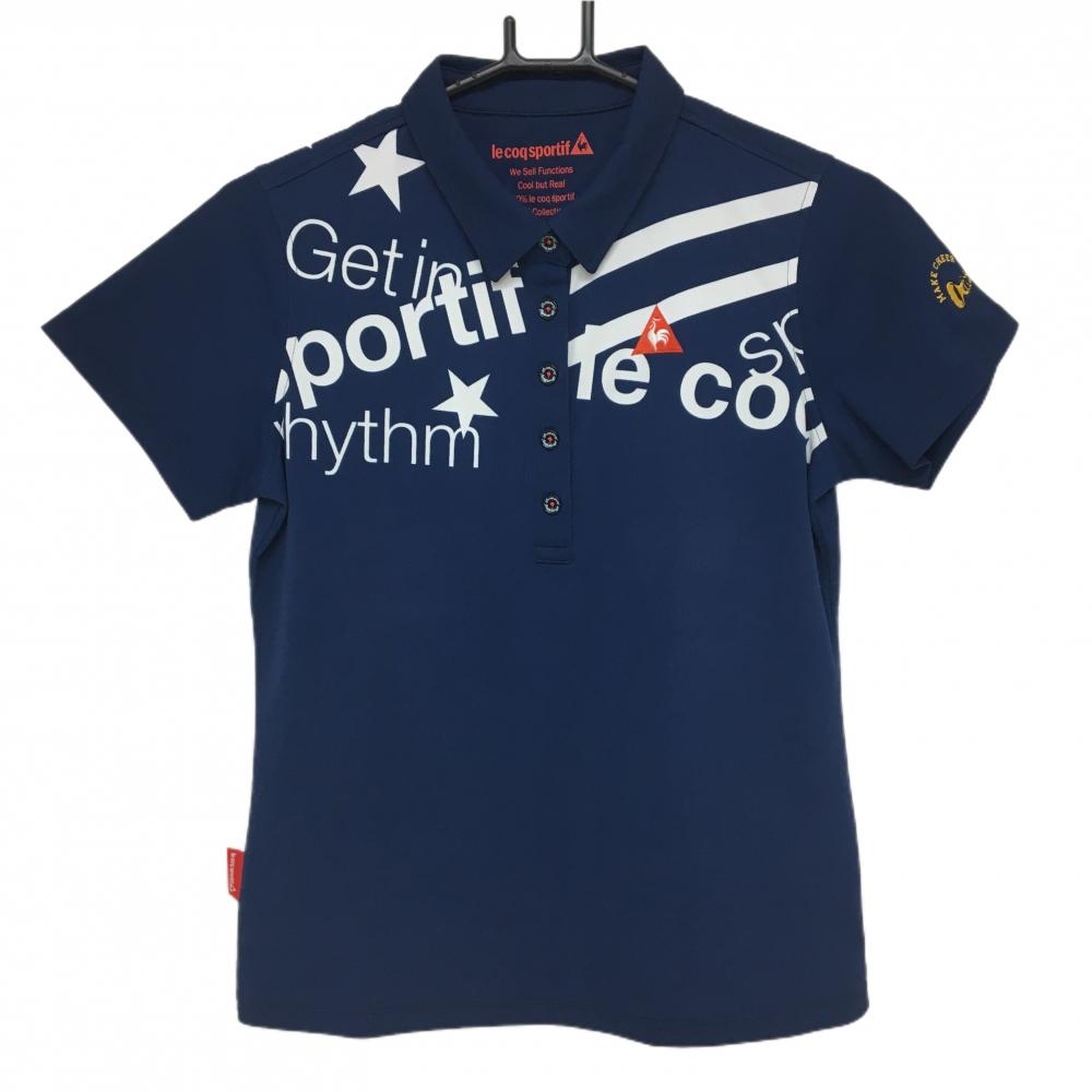 【美品】ルコック 半袖ポロシャツ ネイビー×白 胸プリント レディース L ゴルフウェア le coq sportif