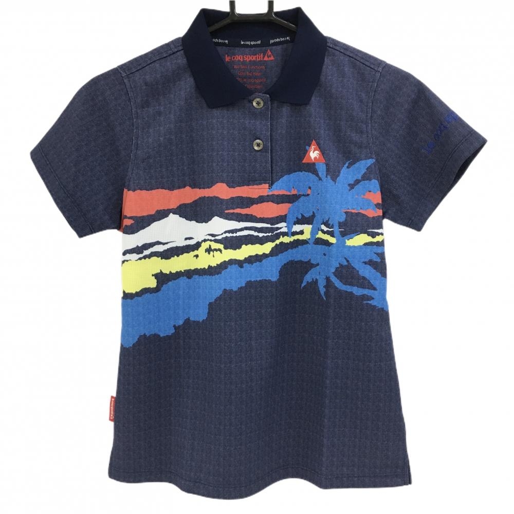 【超美品】ルコック 半袖ポロシャツ ネイビー×マルチカラー ヤシの木プリント レディース L ゴルフウェア le coq sportif