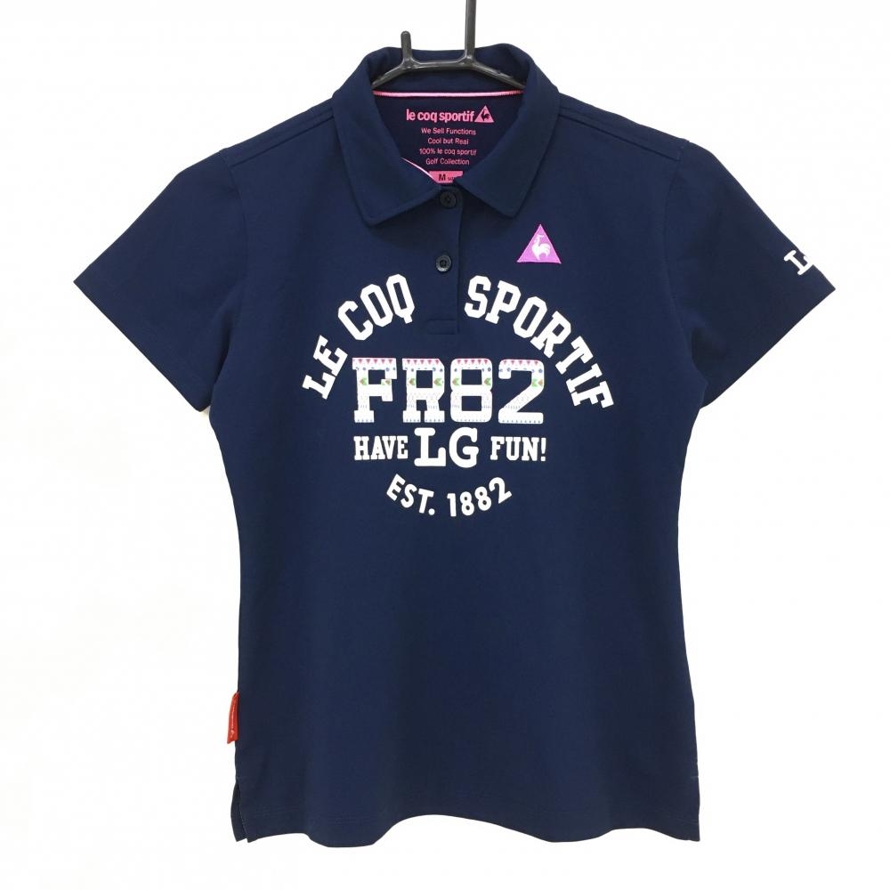 【美品】ルコックスポルティフ 半袖ポロシャツ ネイビー×白 前面ロゴプリント  レディース M ゴルフウェア le coq sportif