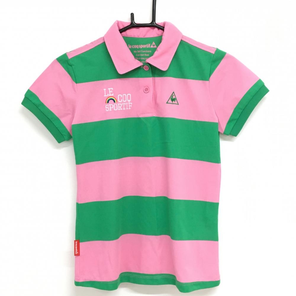 【超美品】ルコックスポルティフ 半袖ポロシャツ ピンク×グリーン 太ボーダー 虹刺しゅう レディース M ゴルフウェア le coq sportif