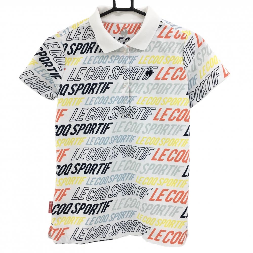 【超美品】ルコックゴルフ 半袖ポロシャツ 白×マルチカラー ロゴ総柄 レディース L ゴルフウェア le coq sportif