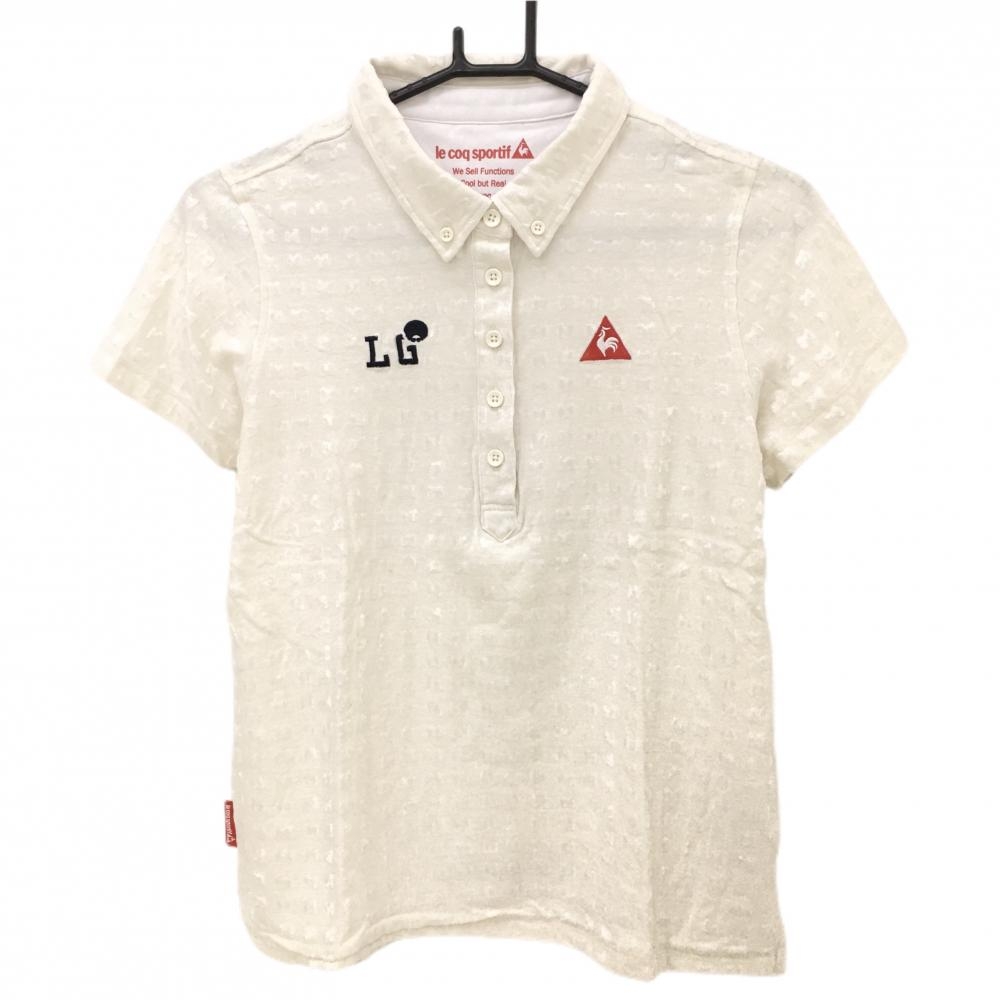 【美品】ルコックゴルフ 半袖ポロシャツ 白 総柄織生地 ボタンダウン レーヨン混 レディース LL ゴルフウェア le coq sportif