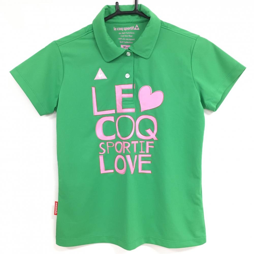 【美品】ルコックゴルフ 半袖ポロシャツ グリーン×ピンク フロントロゴ レディース M ゴルフウェア le coq sportif