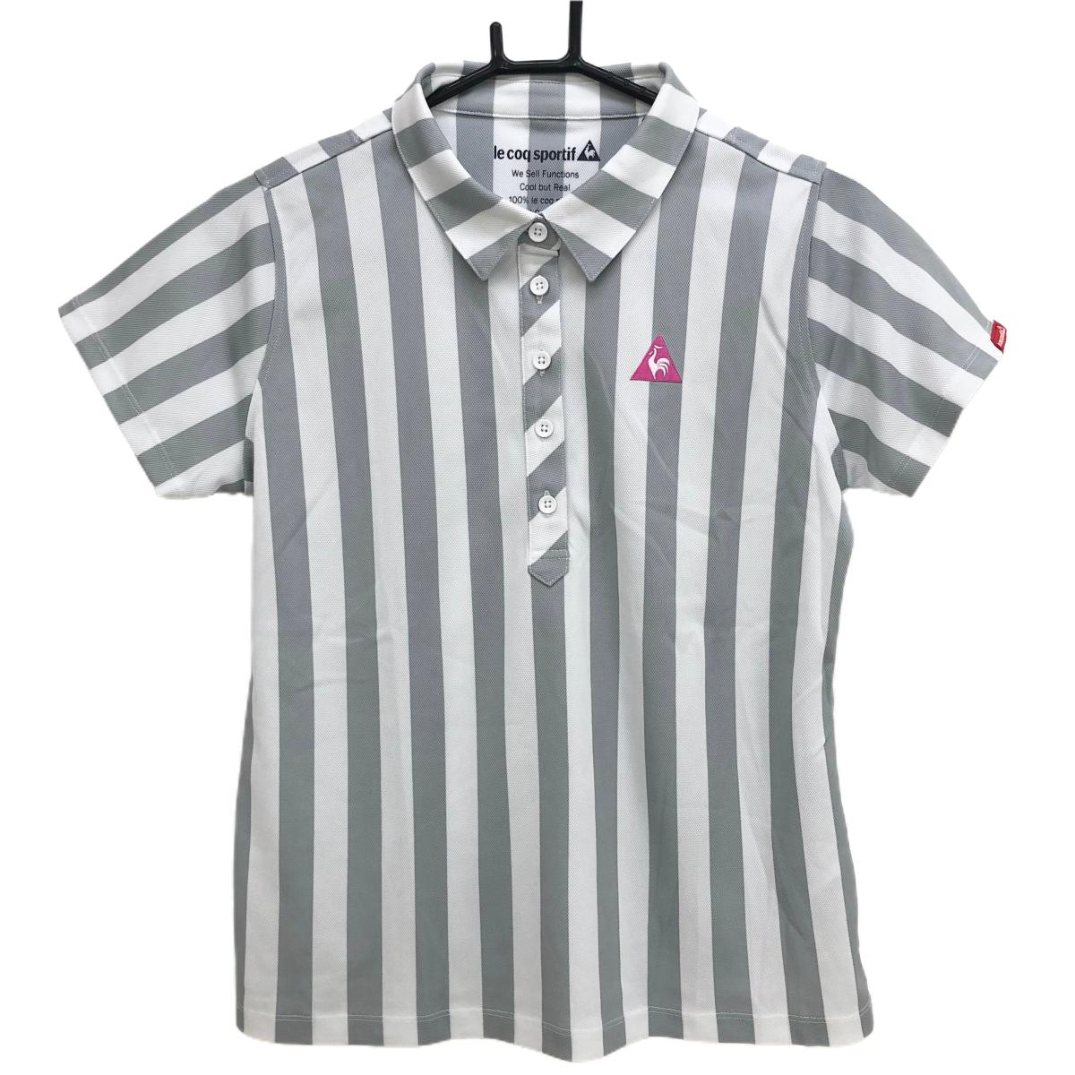 【超美品】ルコック 半袖ポロシャツ 白×グレー ストライプ ロゴ刺しゅう  レディース L ゴルフウェア le coq sportif