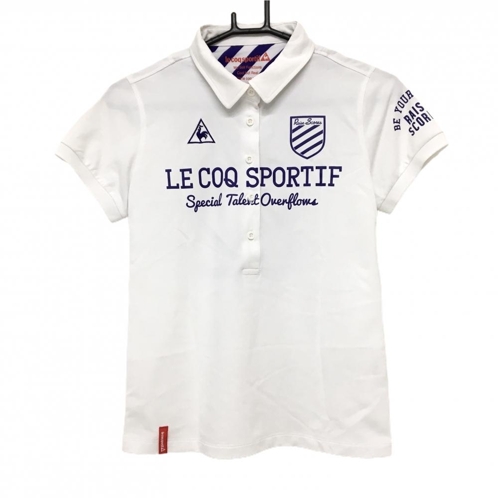 【超美品】ルコックゴルフ 半袖ポロシャツ 白×パープル 背面ナンバリング レディース M ゴルフウェア le coq sportif