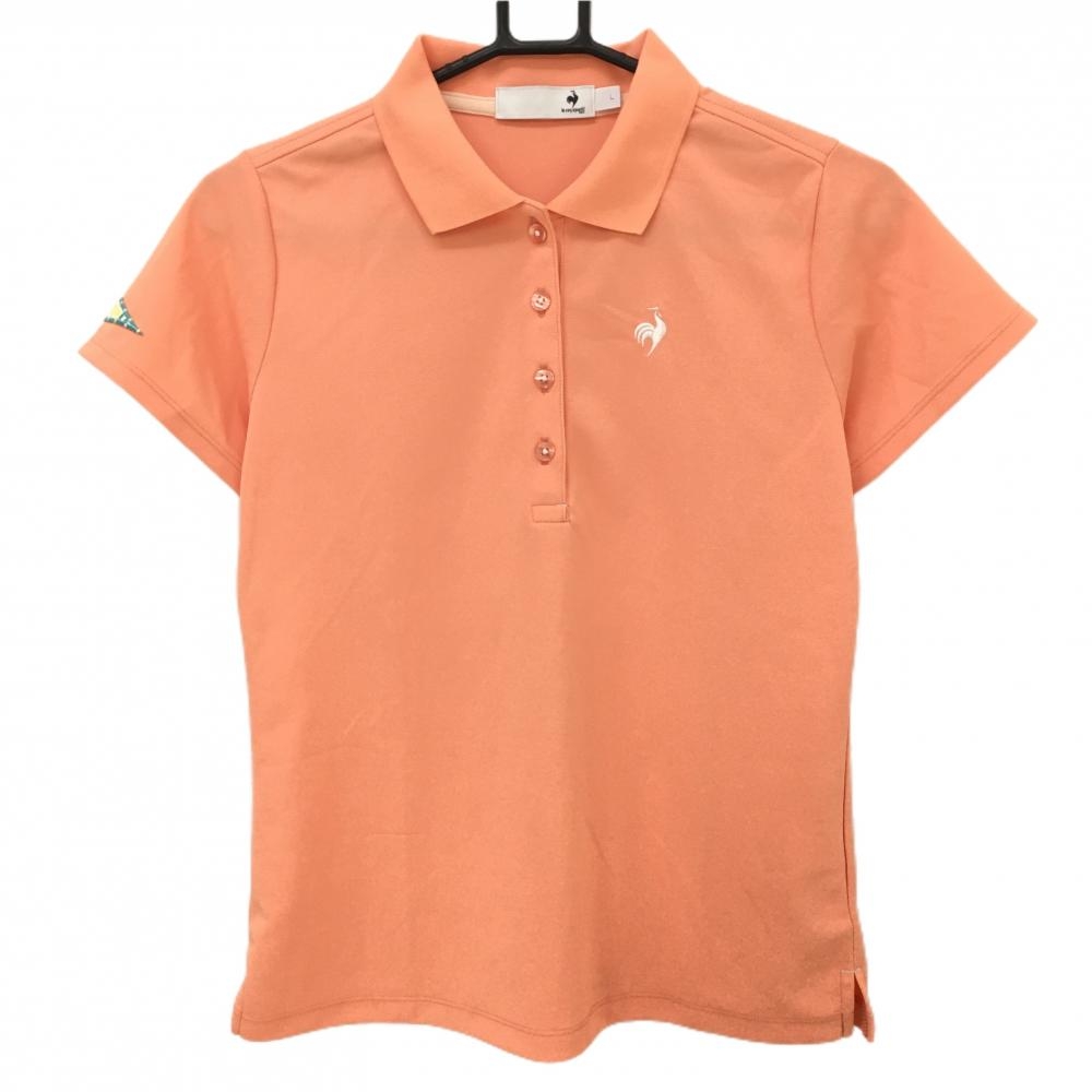 【美品】ルコックゴルフ 半袖ポロシャツ サーモンピンク ロゴ白 袖ワッペン レディース L ゴルフウェア le coq sportif