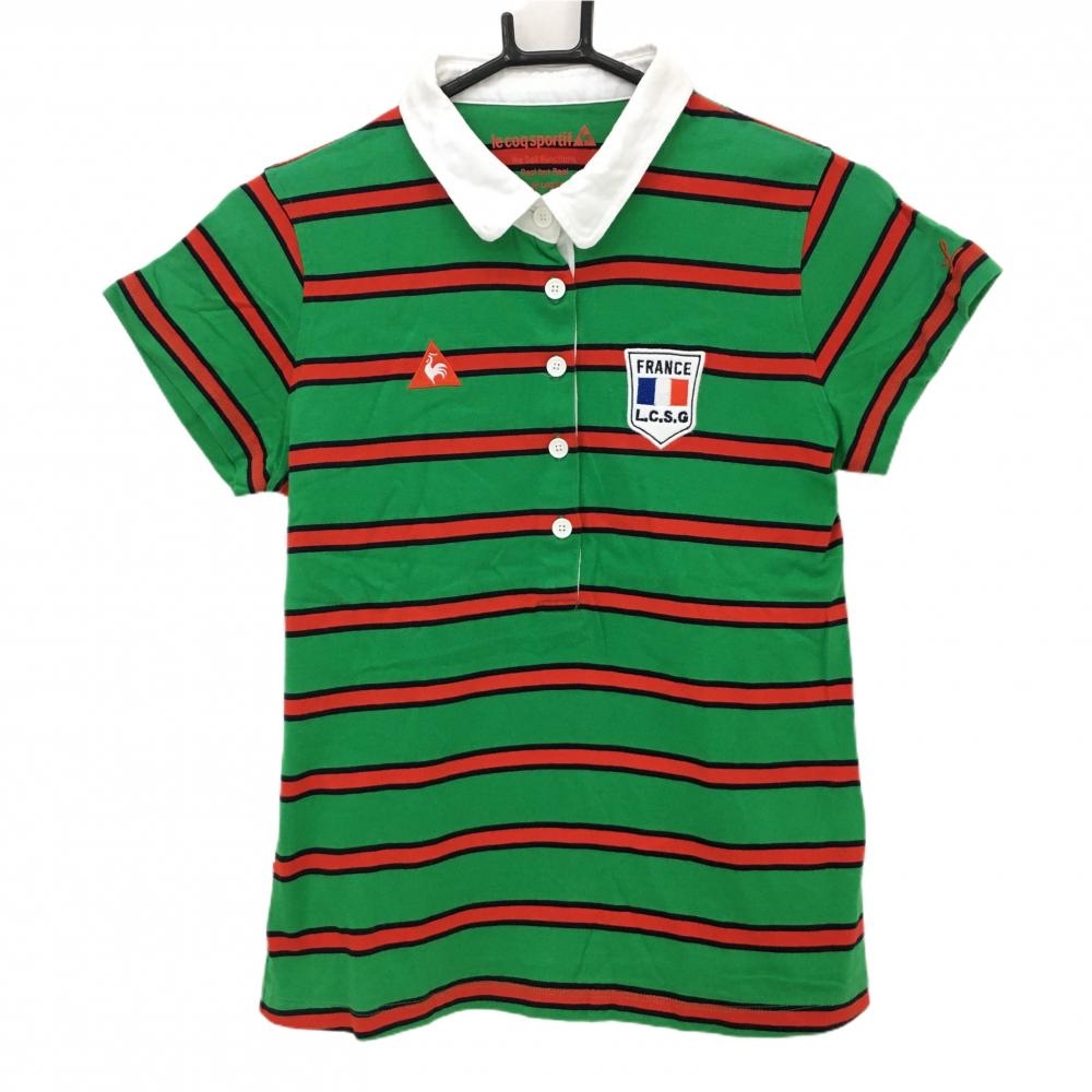 【美品】ルコック 半袖ポロシャツ グリーン×レッド ボーダー ロゴ刺しゅう レディース L ゴルフウェア le coq sportif