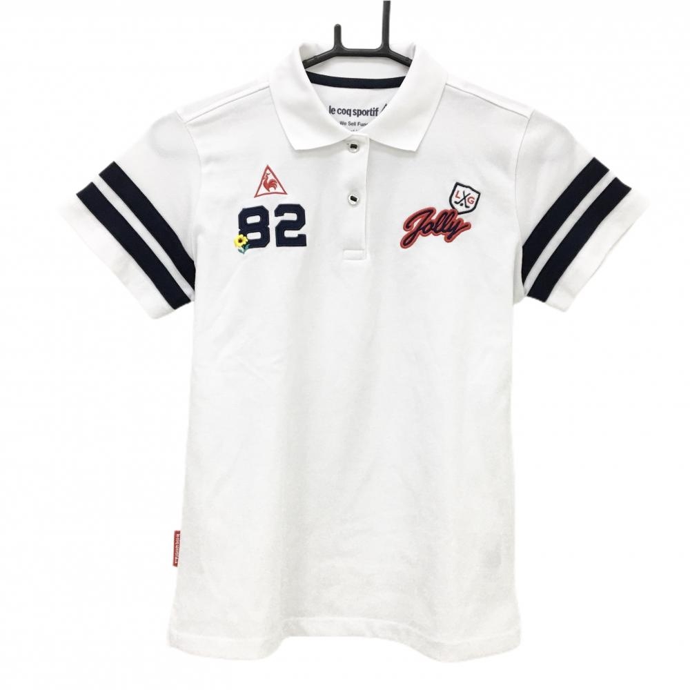 【美品】ルコック 半袖ポロシャツ 白×ネイビー 袖ライン ロゴ刺しゅう  レディース M ゴルフウェア le coq sportif