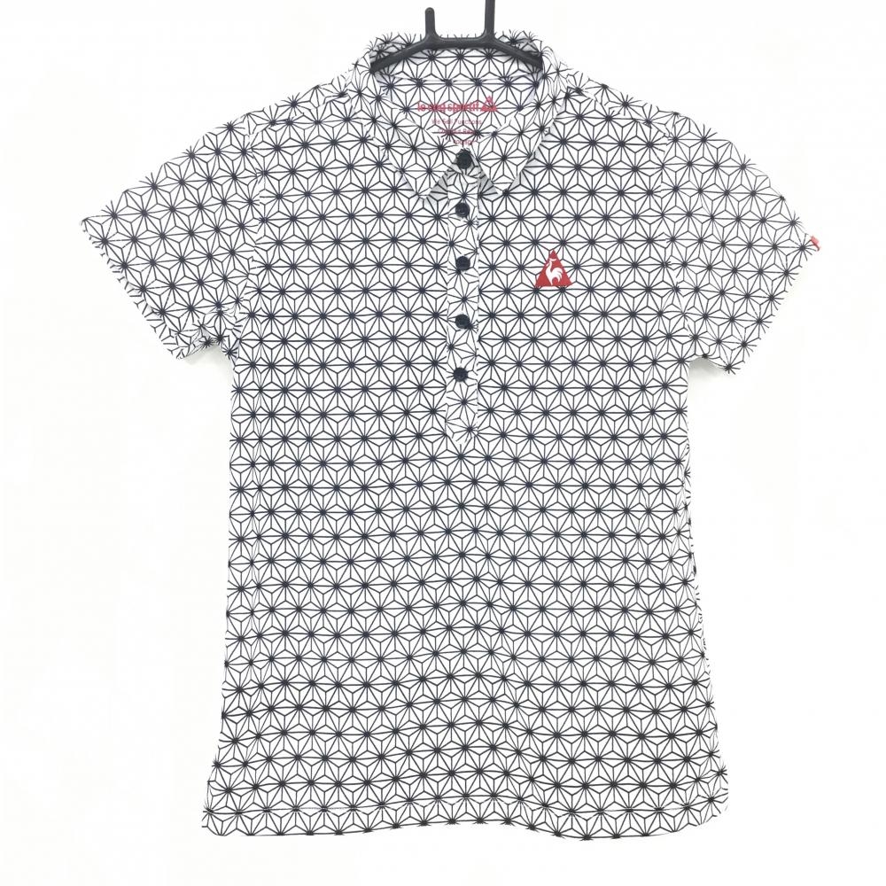 【超美品】ルコックゴルフ 半袖ポロシャツ 白×黒 総柄 ロゴ刺しゅう レディース L ゴルフウェア le coq sportif