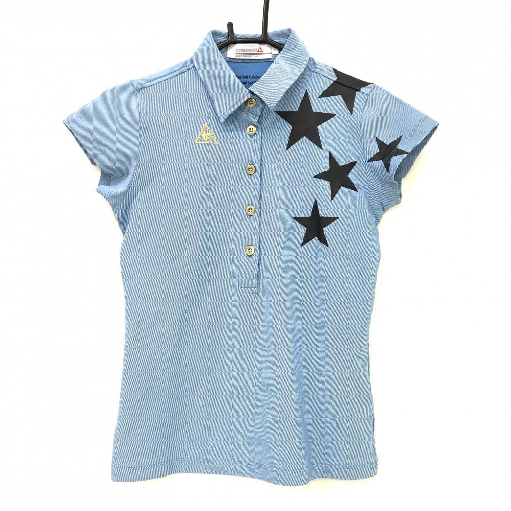 ルコックゴルフ 半袖ポロシャツ ライトブルー×白 斜めストライプ地模様 黒星プリント レディース M ゴルフウェア le coq sportif