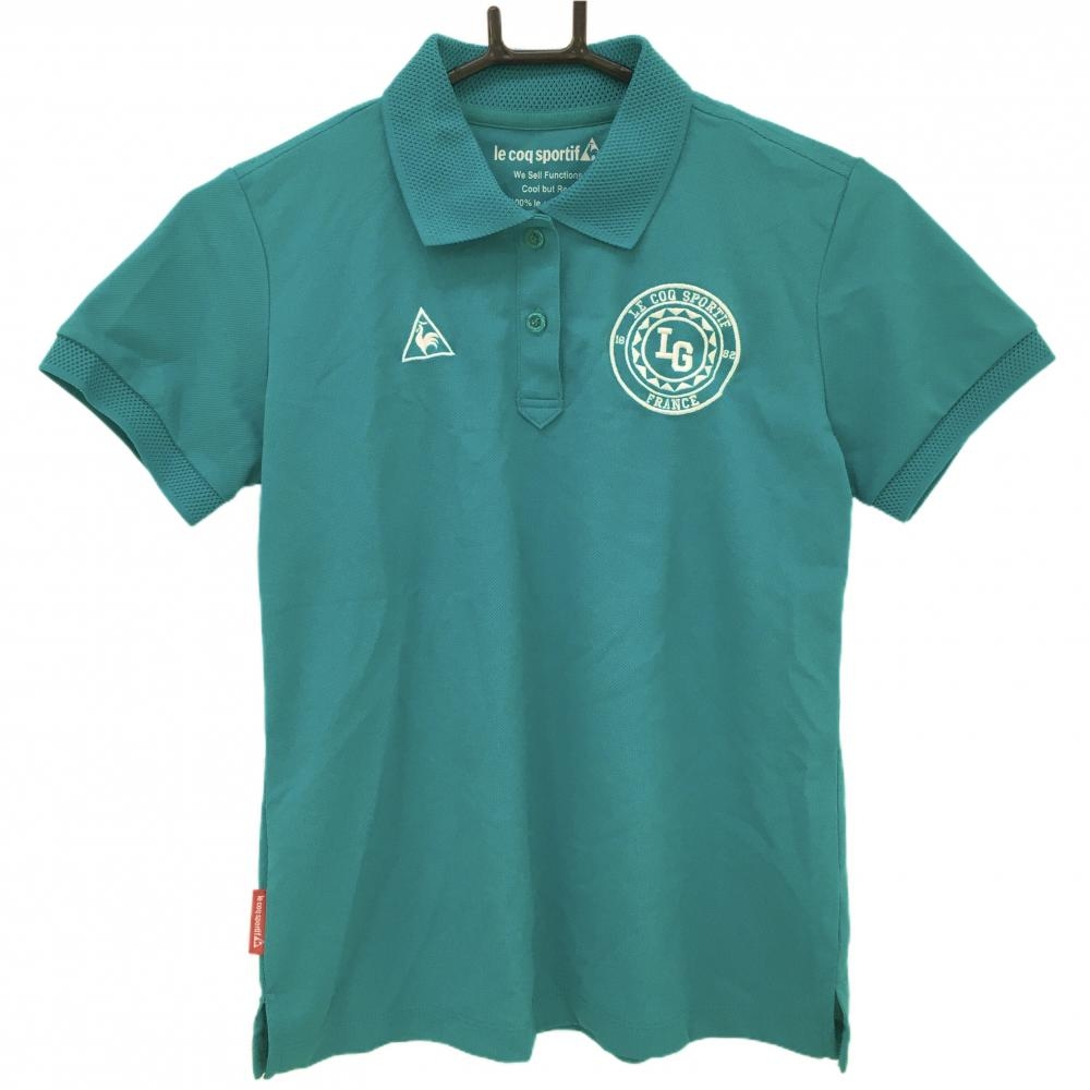 【超美品】ルコックゴルフ 半袖ポロシャツ ブルーグリーン×白 ロゴ刺しゅう  レディース M ゴルフウェア le coq sportif