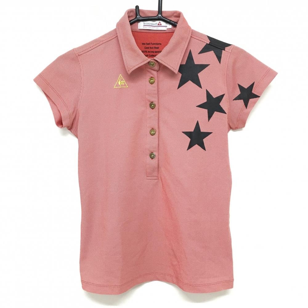 【美品】ルコックゴルフ 半袖ポロシャツ レッド×黒 斜めストライプ地模様 星プリント  レディース M ゴルフウェア le coq sportif