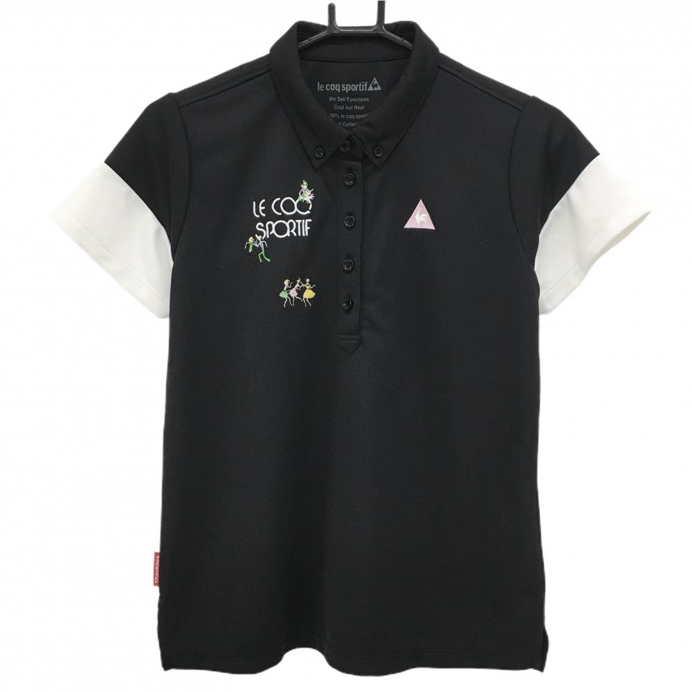 【超美品】ルコックゴルフ 半袖ポロシャツ 黒×白 ダンサー刺しゅう ボタンダウン レディース LL ゴルフウェア le coq sportif