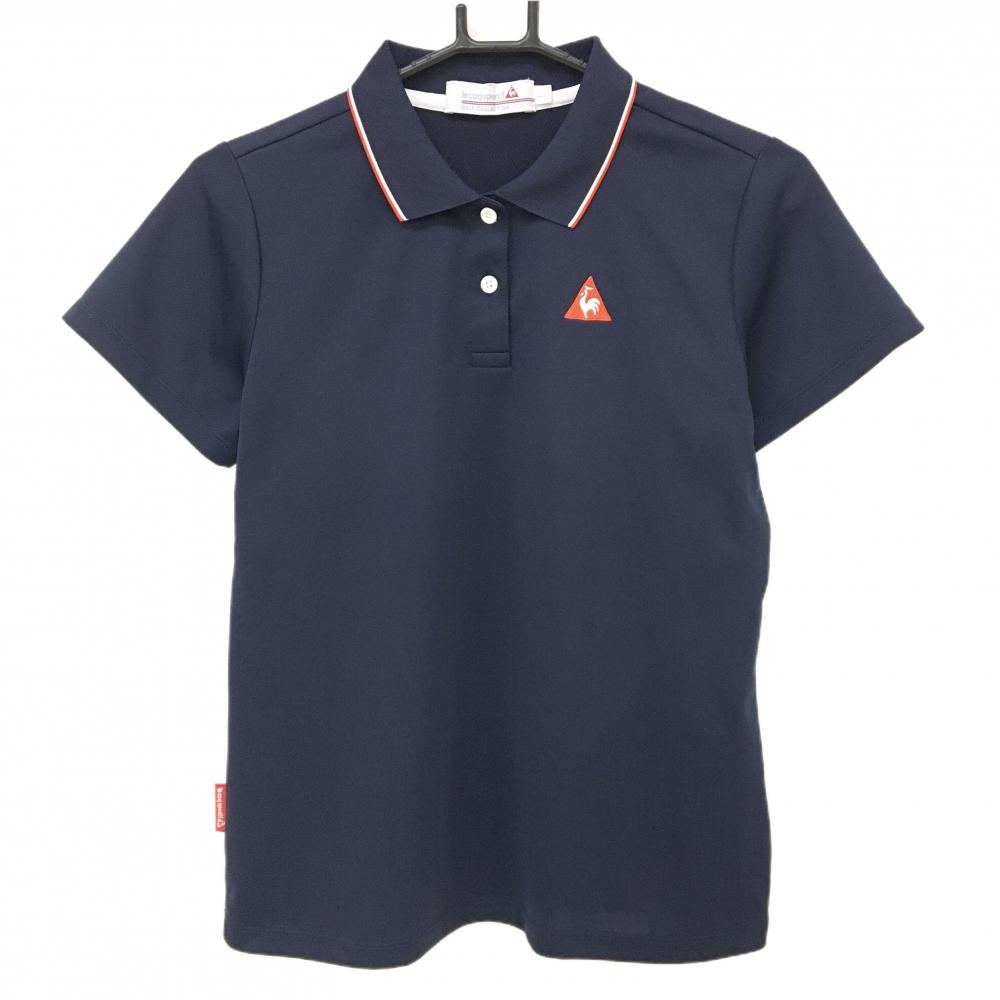 【美品】ルコックゴルフ 半袖ポロシャツ ネイビー ロゴ刺しゅう 襟縁ライン レディース LL ゴルフウェア le coq sportif